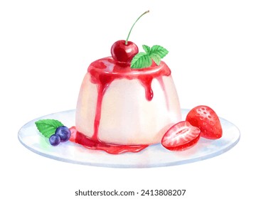 Hand painted watercolor vector  illustration of Panna Cotta dessert on plate