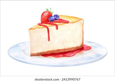 Hand painted watercolor vector illustration of Cheesecake 
dessert on plate