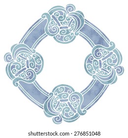 Hand painted watercolor vintage blue frame with celtic pattern closeup isolated on white background. Art design element 
