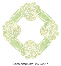 Hand painted watercolor vintage green frame with celtic pattern closeup isolated on white background. Art design element 
