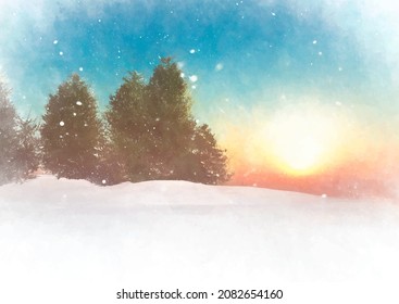 Hand painted watercolor winter landscape at sunset