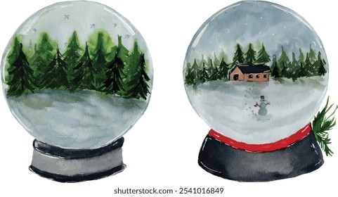 hand painted watercolor winter snow globes design vector 