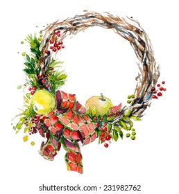 hand painted watercolor wreath. Christmas decoration. Vector