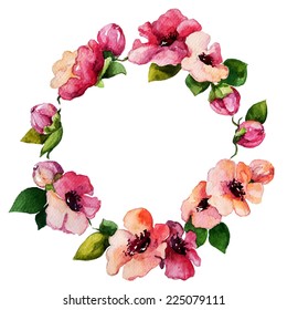 Hand Painted Watercolor Wreath. Flower Decoration. Floral Design. Vector Illustration. 