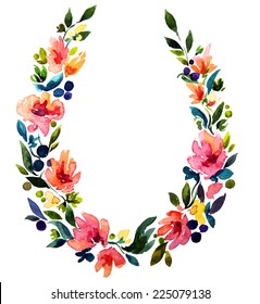 hand painted watercolor wreath. Flower decoration. Floral design. Vector illustration