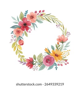 Hand geschilderde aquarel krans met roze rozen en botanische elementen, bloemframe ideaal voor wenskaarten, huwelijksuitnodigingen, romantische decoraties en artistieke illustraties