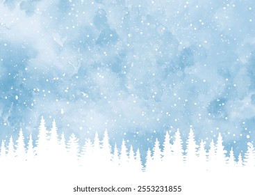 Hand painted watercolour background with Christmas tree snowy landscape design