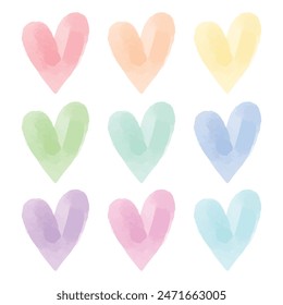 Hand painted watercolour hearts design collection on white.