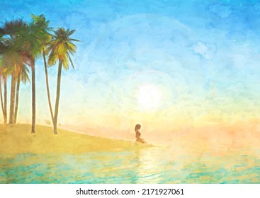 Hand painted watercolour image of female in a yoga pose in tropical landscape