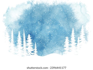 Hand painted watercolour winter landscape with snow