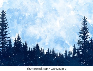 Hand painted watercolour winter tree landscape with snow 