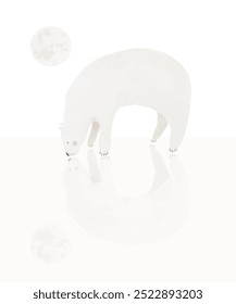 Hand Painted White Bear. White Bear and a Full Moon on a White Background. Minimalist Art with Bear Looking At Its Reflection In A Frozen Water. Simple Vector Print with Wild Arctic Animal. RGB.