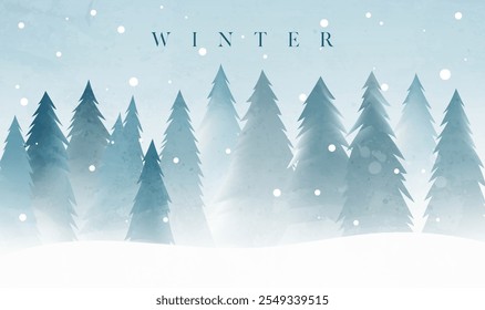 Ilustraciones de bosque de invierno pintadas a mano con muchos pinos