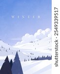 Hand painted winter landscape vertical illustrations with views of snowy mountains