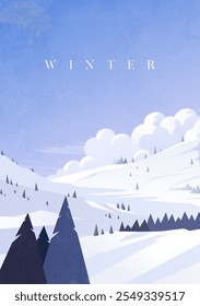 Hand painted winter landscape vertical illustrations with views of snowy mountains