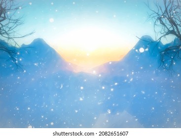 Hand painted winter solstice mountain landscape 