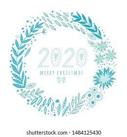 Hand painted wreath circle frame with folk ethnic flowers, bright ornamental plants and branches. 2020 Merry Christmas greeting card of flowers for invitation, wedding or greeting cards