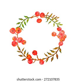 Hand painted wreath with watercolor rowan berries and leaves made in vector. Romantic floral design. Perfect for greeting or invitation cards.