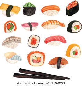 mão pintado aquarela bonito sushi arte, nigiri, maki, sashimi, chopstick