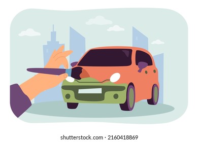 Hand of painter painting car with brush. Vehicle color change by person from autobody repair service flat vector illustration. Maintenance concept for banner, website design or landing web page