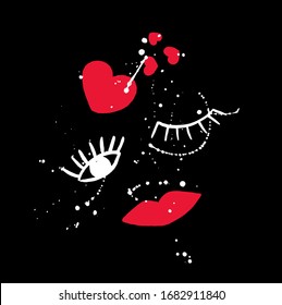 Hand Painting Abstract Watercolor Lips Eyes Hearts with Ink Stains Splashes Placement Print Vector Isolated Background