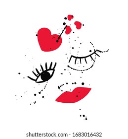 Hand Painting Abstract Watercolor Lips Eyes Hearts with Ink Stains Splashes Placement Print Vector Isolated Background