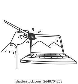 hand painting with brush on laptop screen cartoon doodle icon