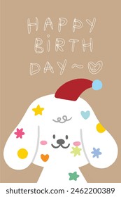 a hand painting of cute white smiley dog with colorful sticker on face and wearing red birthday party hat, card decoration with brown background.	