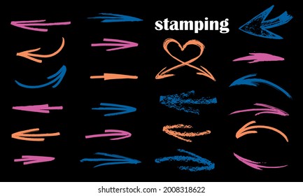 Hand painting design elements. Trendy manicure, beautiful different arrows. arrow vertical line set isolated on dark.