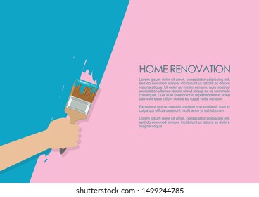 Hand painting interior wall with paint brush poster template. Vector illustration