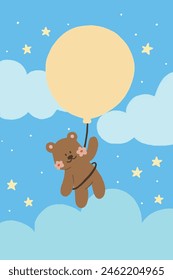 a hand painting of star and blue sky with teddy bear holding yellow air balloon sign, card decoration with blue background. sing and label for card decoration.	