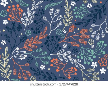 Hand painting vector floral seamless pattern in flat style. Floral fabric design.