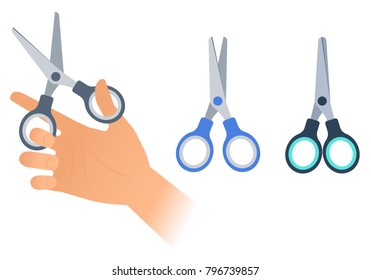 Hand with pair of office steel scissors with plastic handles. Flat illustration of school, business, hairdressing supplies. Vector infographic elements isolated on white background.