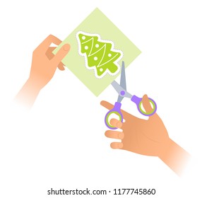 Hand with a pair of scissors cuts out a christmas tree from paper. Flat vector illustration of xmas tree shape with dotted line and school shears. The new year celebration and decoration concept.