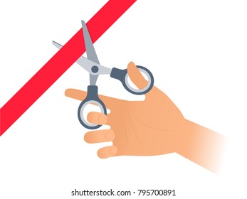 Hand with pair of scissors cuts the red band. Flat concept illustration of cutting with scissors of the ribbon at opening ceremony. Vector infographic elements isolated on white background.