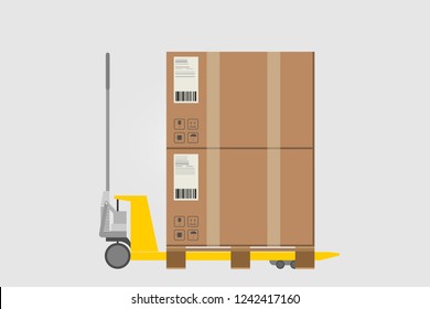 Hand pallet jack with cardboxes. Yellow pallet truck. Vector isolated illustration