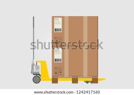 Hand pallet jack with cardboxes. Yellow pallet truck. Vector isolated illustration