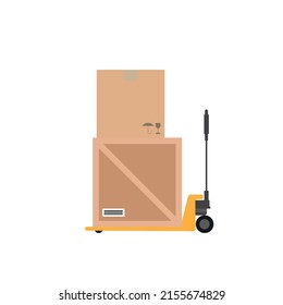 Hand pallet jack lift isolated on white. Laden hand pallet truck. Cargo cart or forklift. Delivery, logistic and shipping cargo. Vector illustration in flat style