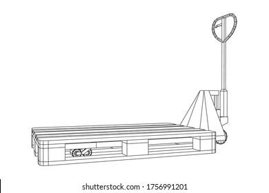 Hand pallet jack lift. Manual forklift with cargo pallet for warehouse. Logistics shipping concept. Wireframe low poly mesh vector illustration.