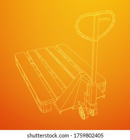 Hand pallet jack lift. Manual forklift with cargo pallet for warehouse. Logistics shipping concept. Wireframe low poly mesh vector illustration.