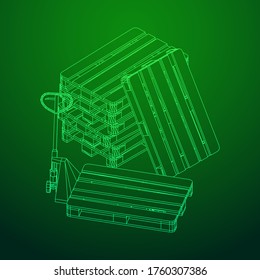 Hand pallet jack lift. Manual forklift with cargo pallet for warehouse. Logistics shipping concept. Wireframe low poly mesh vector illustration.