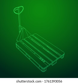 Hand pallet jack lift. Manual forklift with cargo pallet for warehouse. Logistics shipping concept. Wireframe low poly mesh vector illustration.