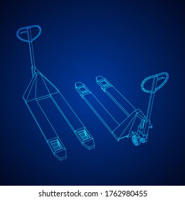 Hand pallet jack lift. Manual forklift. Logistics shipping concept. Wireframe low poly mesh vector illustration.