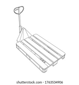Hand pallet jack lift. Manual forklift with cargo pallet for warehouse. Logistics shipping concept. Wireframe low poly mesh vector illustration.