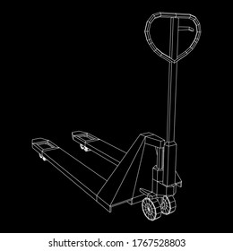 Hand pallet jack lift. Manual forklift. Logistics shipping concept. Wireframe low poly mesh vector illustration.