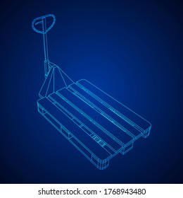 Hand pallet jack lift. Manual forklift with cargo pallet for warehouse. Logistics shipping concept. Wireframe low poly mesh vector illustration.