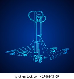 Hand pallet jack lift. Manual forklift. Logistics shipping concept. Wireframe low poly mesh vector illustration.