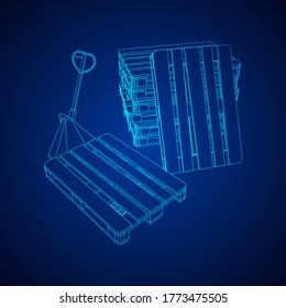 Hand pallet jack lift. Manual forklift with cargo pallet for warehouse. Logistics shipping concept. Wireframe low poly mesh vector illustration.