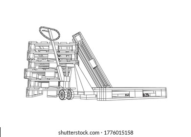 Hand pallet jack lift. Manual forklift with cargo pallet for warehouse. Logistics shipping concept. Wireframe low poly mesh vector illustration.