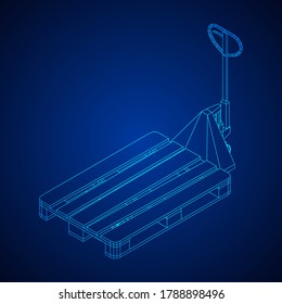 Hand pallet jack lift. Manual forklift with cargo pallet for warehouse. Logistics shipping concept. Wireframe low poly mesh vector illustration.